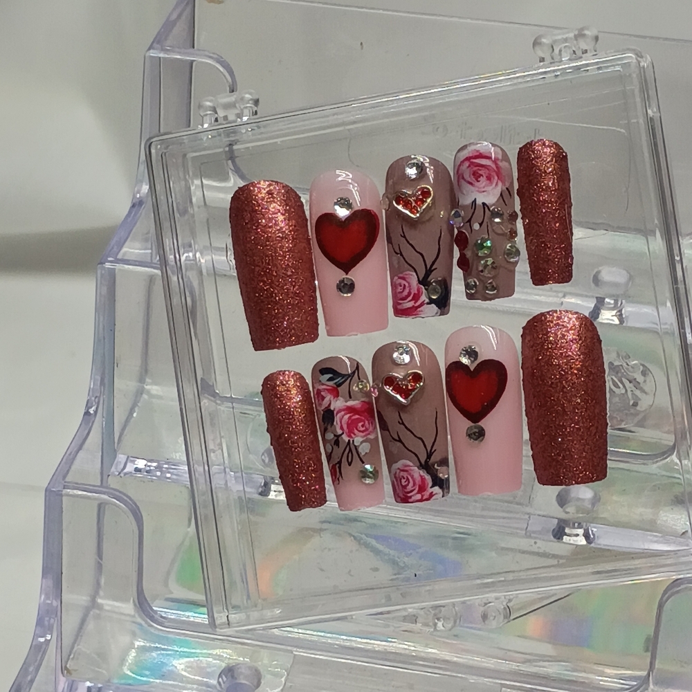 Pink and Red Glitter Heart Nail Set